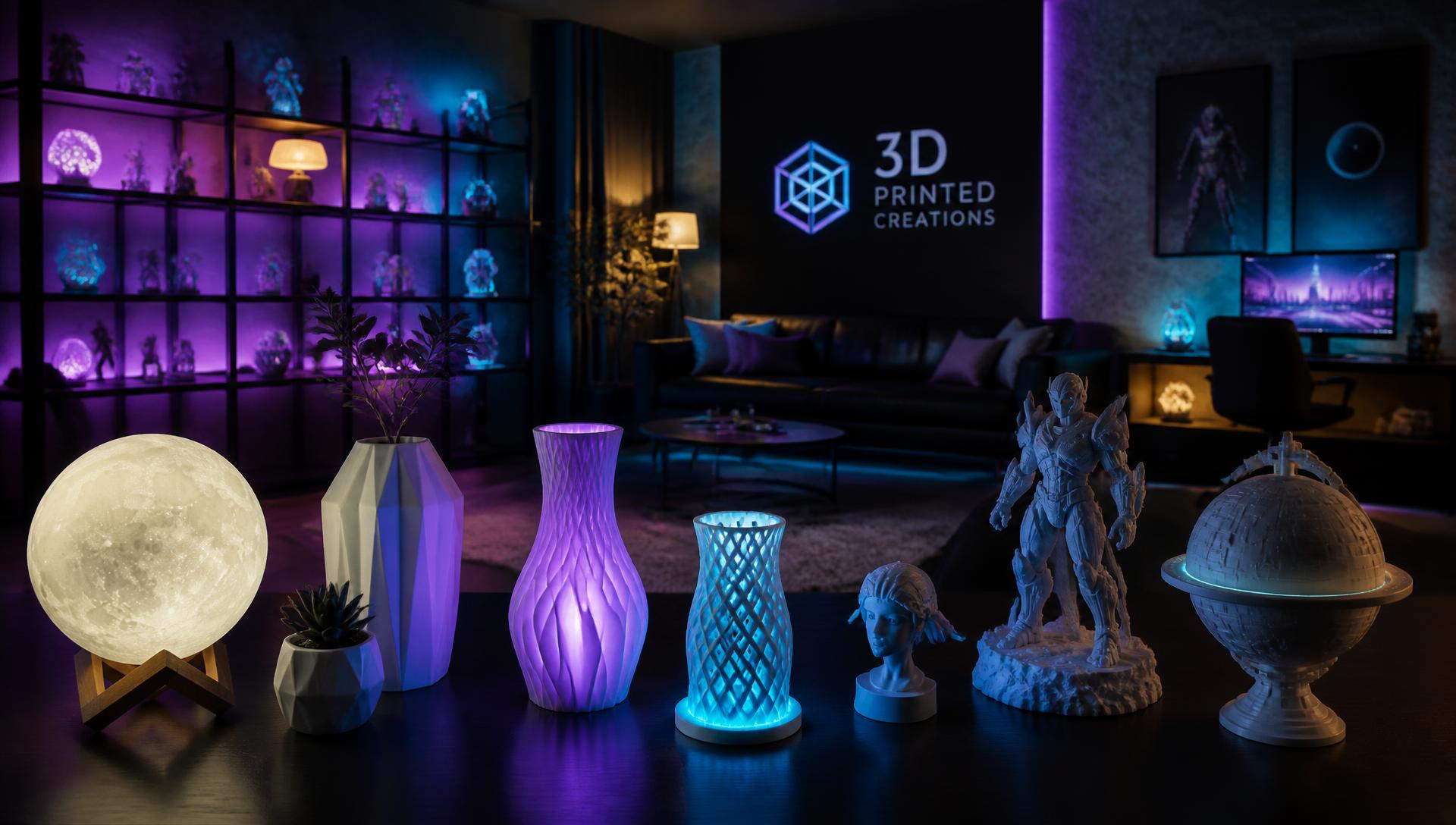 Modern room decorated with illuminated 3D printed pieces